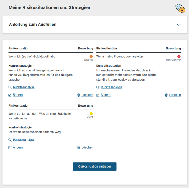 Screenshot zur Übung "Meine Risikosituation und Strategien